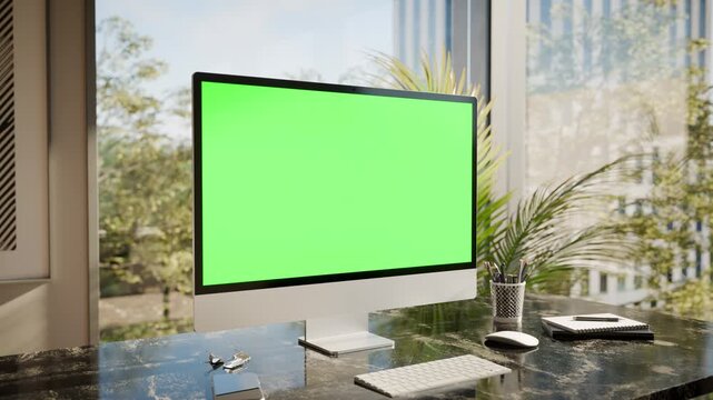 Desktop All in One Computer Green Screen Mockup in Modern Office with Swaying Plants Seamless Loop