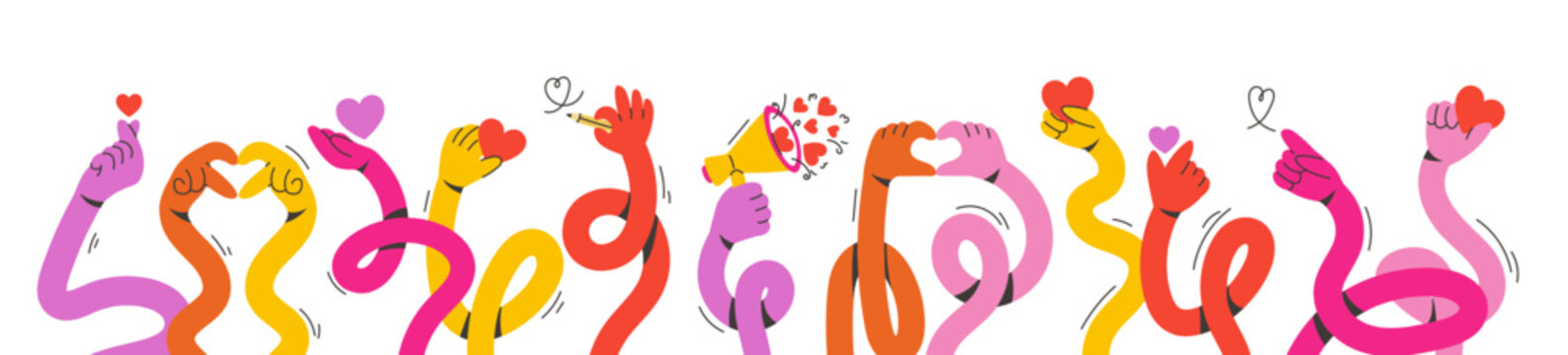Flexible hand and arm illustration with long cartoon vectors in different positions. Gestures with fingers, palms and abstract icons. Modern comic set with characters holding megaphones and hearts.