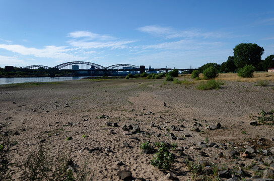 Trockenes Flussbett des Rheins in K&ouml;ln mit S&uuml;dbr&uuml;cke und den Domspitzen im Hintergrund