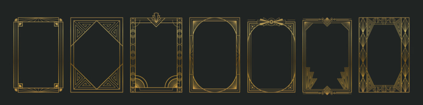 Gatsby border design with luxury gold lines and geometric patterns. Elegant art deco frame with ornate elements, vintage details and classic vector graphics for wedding invitations and certificates.