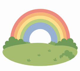 Fototapeta premium Colorful rainbow arching over a lush green meadow with rolling hills, bushes, and tiny grass tufts in this charming hand-drawn vector illustration icon with soft pastel tones