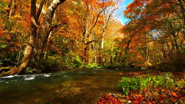 Forest stream flows through a vibrant landscape filled with colorful autumn foliage and fallen leaves.