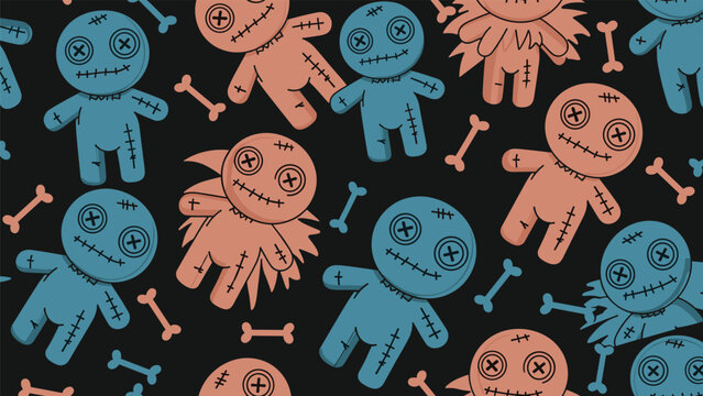 Pattern of cute voodoo dolls and bones on a dark background for edgy halloween and gothic themed fabric and wallpaper.