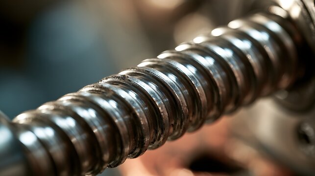 Close up view of a metallic industrial lead screw component.