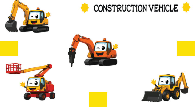 Collection of adorable cartoon construction vehicle mascots featuring excavators, crawler cranes, mobile cranes, and backhoe loaders with cheerful expressions. Ideal for children's education