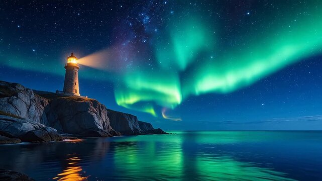 Lighthouse under northern lights
