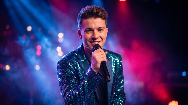 Young male singer performing with a microphone wearing a shimmering sequin blue jacket under vibrant colorful stage concert lights