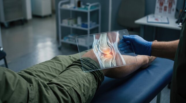 Skeletal diagnostic screening: knee pain, medical scan, bone fracture, doctor examine, leg trauma, joint inflammation, future technology, digital anatomy, patient care.