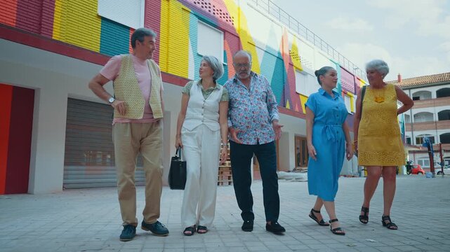Group of five cheerful senior friends enjoying a sunny day, walking together along a paved path in a modern city park, laughing and talking with one another in a vibrant, friendly atmosphere