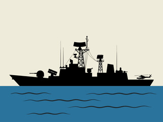 Obraz premium Modern Naval Warship Silhouette with Helicopter on Ocean
