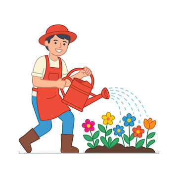 Gardener Watering Colorful Flowers in a Bed