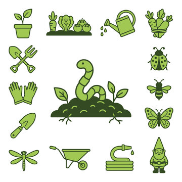 Gardening Icons Set with Worm and Tools