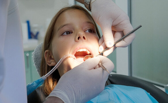 Pediatric dentist examining teeth with mirror and probe for young girl
