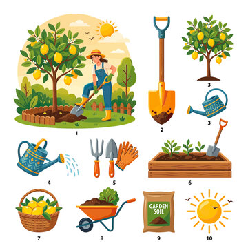 Gardening scene with lemon tree and tools