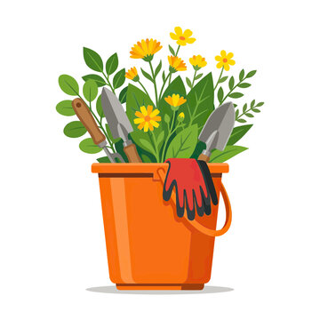 Gardening Tools and Flowers in Orange Bucket