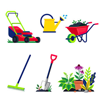 Gardening Tools and Plants Flat Design Illustration