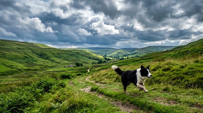 Energetic black and white border collie dog running quickly across a lush grassy mountain trail isolated on white background