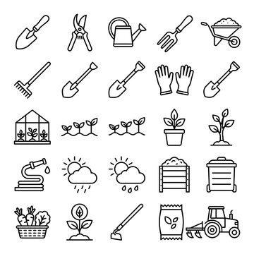 Gardening Tools and Plants Icons Set