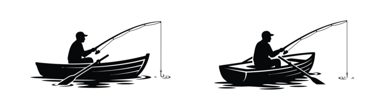 Black silhouette of a fisherman sitting in a small wooden rowing boat with a fishing rod