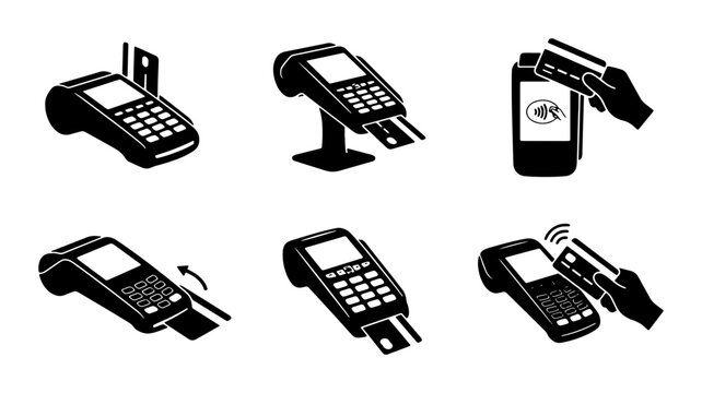 Contactless Payment Terminal Icons, Credit Card Reader Graphics, NFC Transaction Symbols, Modern Financial Technology Vector Set