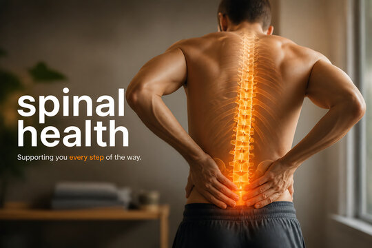 A man's back with a glowing spine graphic in an indoor setting.