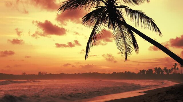 Palm tree leans gracefully over a sandy beach during a vibrant golden sunset as waves gently break on the shore.