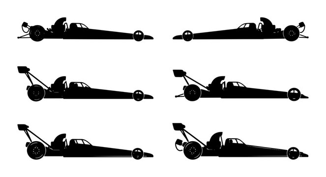 Drag Racing Cars Silhouette Set, Top Fuel Dragster Vector Icons, Speed Competition Vehicles Collection, Automotive Sport Graphics