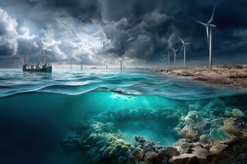 Fototapeta premium Coral reef ecosystem juxtaposed with wind turbines and fishing boat under cloudy sky