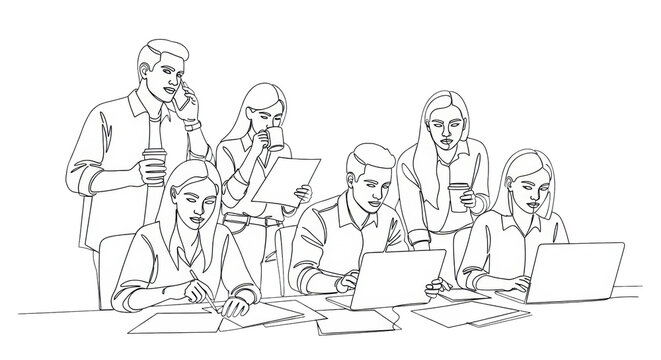 Five diverse researchers in a modern minimalist office, depicted in elegant continuous line art, engaged in dynamic collaboration and focused work concept of professional teamwork