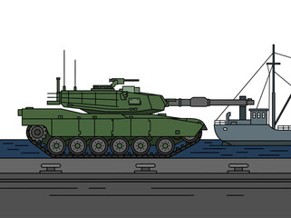 Fototapeta premium Military Tank on Port Dock Beside Cargo Ship Vector Illustration