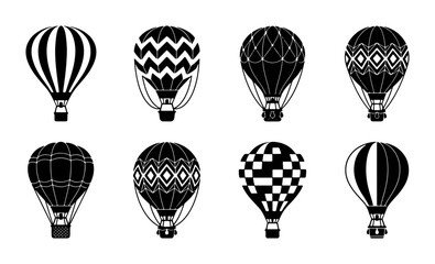 Set of 8 Black and White Hot Air Balloon Icons, Vector Graphics for Travel and Adventure Themes, Diverse Patterns © Tanvir