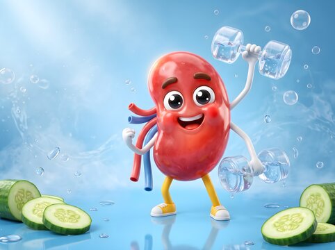 A playful 3D-rendered cartoon kidney character lifts a dumbbell surrounded by cucumber slices and splashing water, symbolizing kidney health, fitness, and a healthy lifestyle. Suitable for medical edu