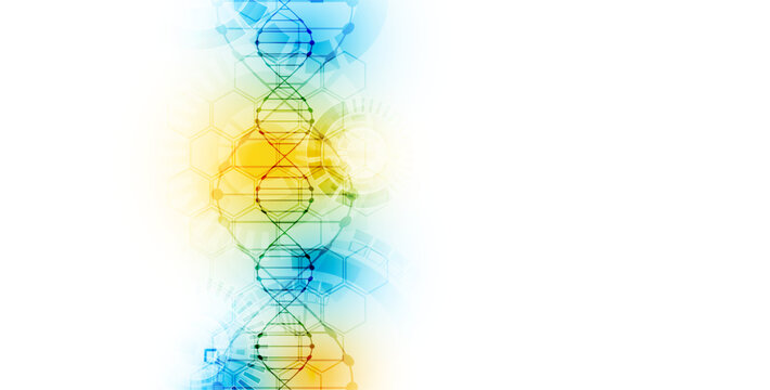 Abstract biotechnology background with DNA double helix molecule and hexagonal patterns on a white background.