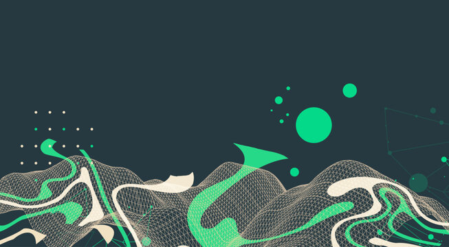 Abstract futuristic background with dynamic green and beige fluid waves, mesh grid, geometric lines. Vector