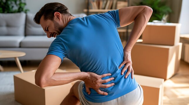 Young man sitting on floor experiencing severe lower back pain at home