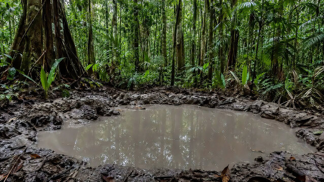 Shallow mud wallow on the floor of dense lowland tropical forest with canopy reflection, churned wet clay and layered green undergrowth in West Java, Indonesia