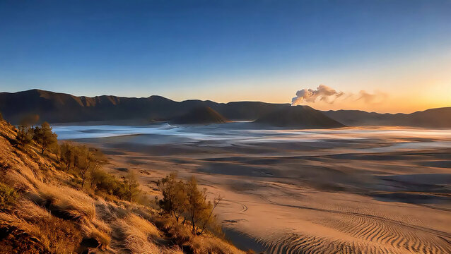 Volcanic caldera at sunrise with layered morning mist, steaming cinder cone and rippled ash desert in the tropical highlands of East Java, Indonesia