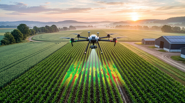 Drone scanning crop health with multispectral mapping at sunrise showing color heatmap overlay