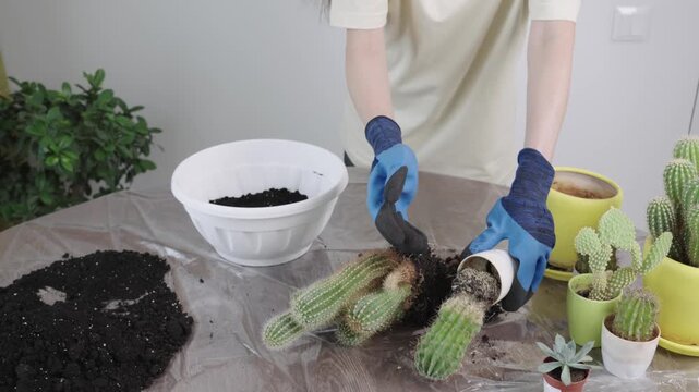 Woman in blue gardening gloves pulls out small green cactus from tiny white plastic pot at table covered with cellophane.