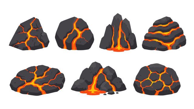 Set of volcanic rocks with glowing lava cracks and flows