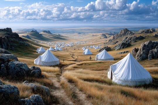 Traditional gers dotting the Mongolian steppe under a vast blue sky with clouds