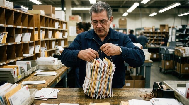 Postal worker meticulously organizing a thick bundle of letters and correspondence within a bustling mail distribution facility