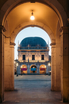 Brescia city center with famous Piazza della Loggia square at twilight, Lombardy, Italy