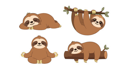 Fototapeta premium Cute cartoon sloth characters in sleeping, hanging, and sitting poses