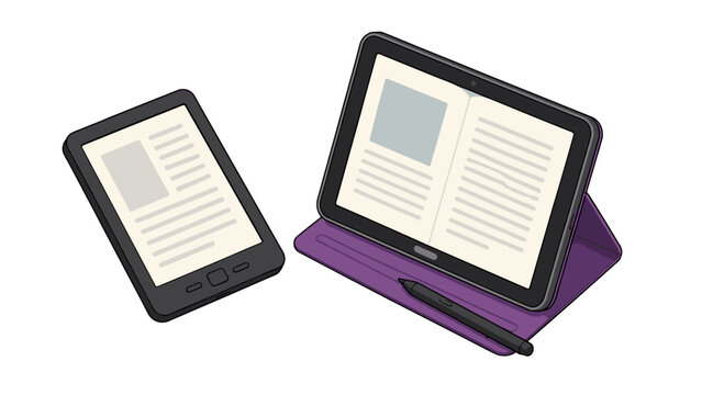 Isometric e reader and tablet with stylus reading illustration