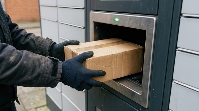 A courier placing a cardboard parcel into an automated electronic delivery locker