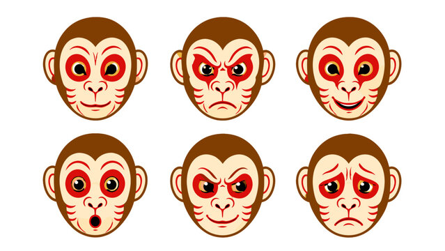 Set of six stylized monkey faces with different expressions