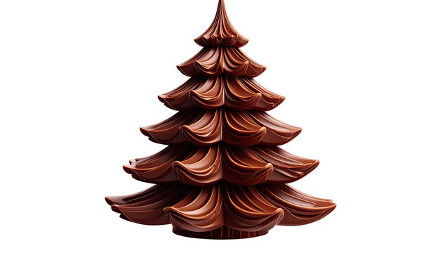 3d Christmas pine tree made of chocolate layers, isolated on transparent background