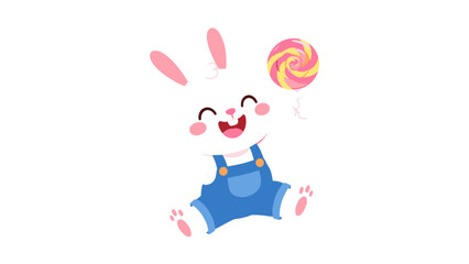 Fototapeta premium Cute white rabbit jumping with colorful lollipop vector illustration