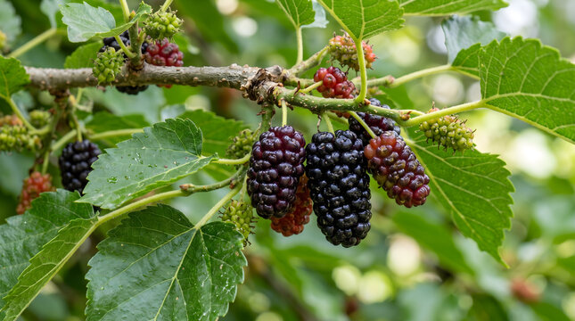 Ripe mulberry fruits on a tree branch. Fresh organic berries growing in a summer garden.
